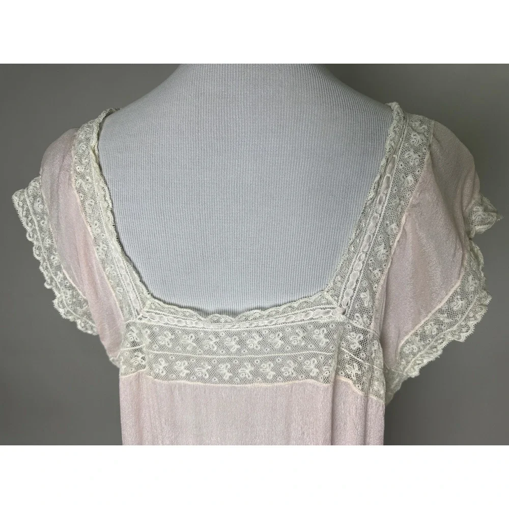 Vintage 1920s Pink Silk Nightgown White Lace Antique Flapper Lingerie Dress - Picture 9 of 10